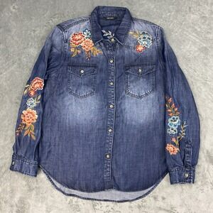 Driftwood Shirt Womens Size L Blue Lana Floral Embroidered Denim Western Cowgirl